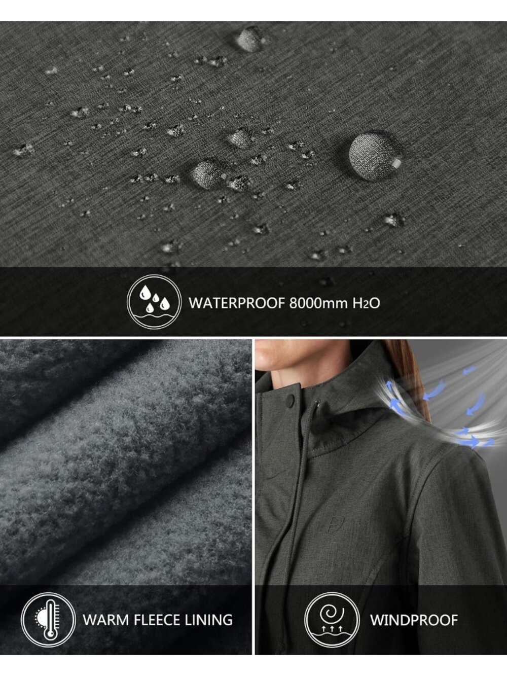 Women's Dim Gray Waterproof Fleece Lined Hooded Lightweight Softshell Raincoat - Picture 3 of 6